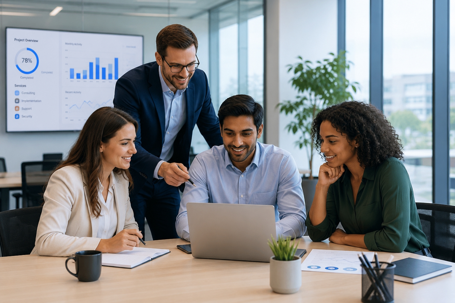 Business professionals collaborating around a laptop in a modern office