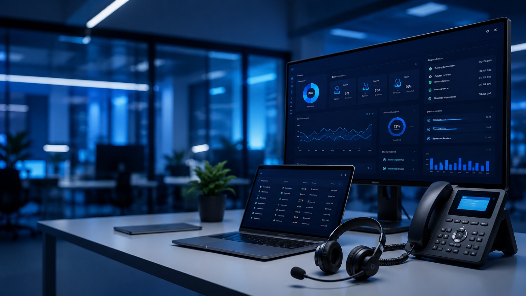 Modern IT technical support workstation with system monitoring dashboard, laptop, headset and office telephone